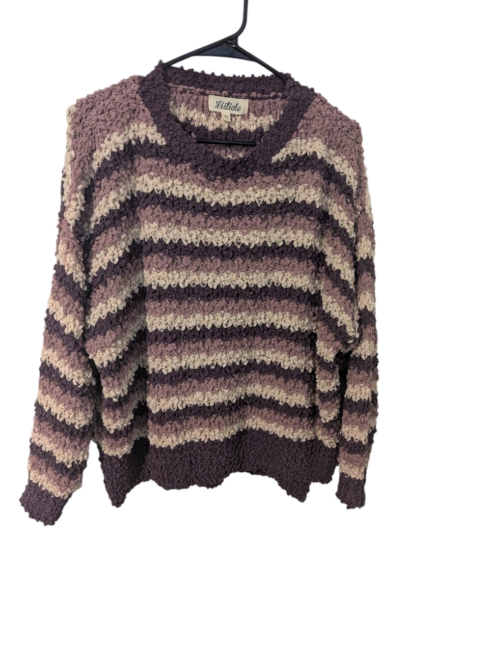 Listicle,Purple & Cream Striped Women's Textured Sweater, Size M
